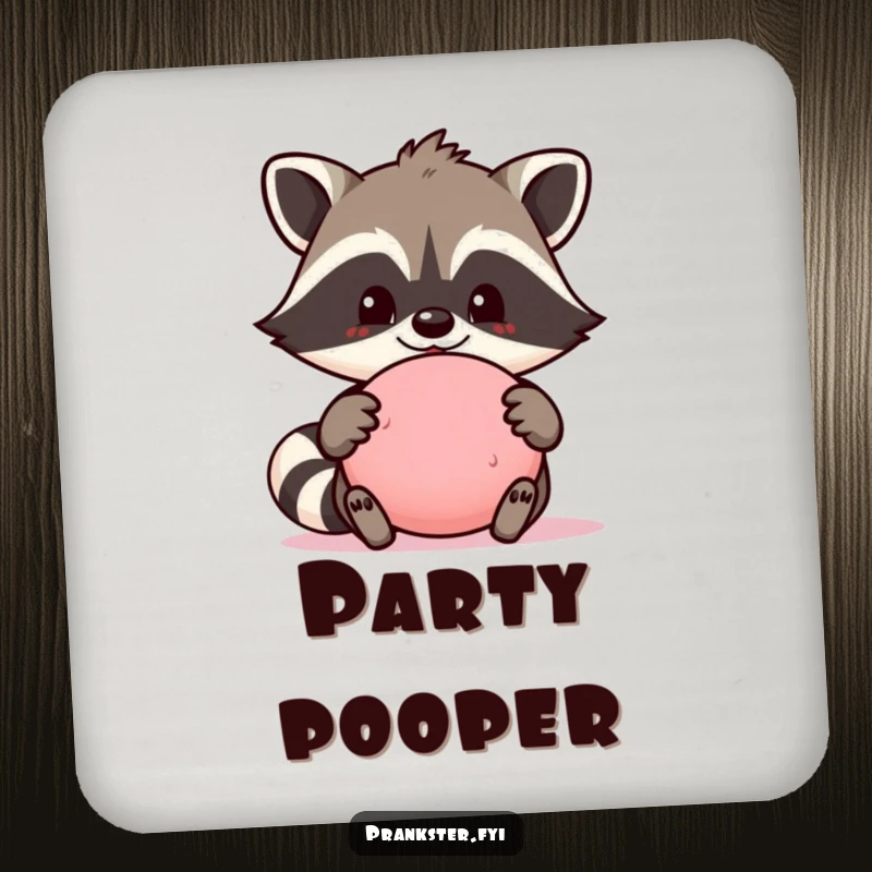 Funny drink coaster featuring a proud raccoon character holding a whoopee cushion, protecting surfaces with a humorous and playful design.