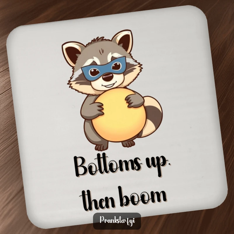 Funny raccoon coasters, mischievous masked raccoon holding a whoopee cushion, humorous drink protection, ideal home gift.