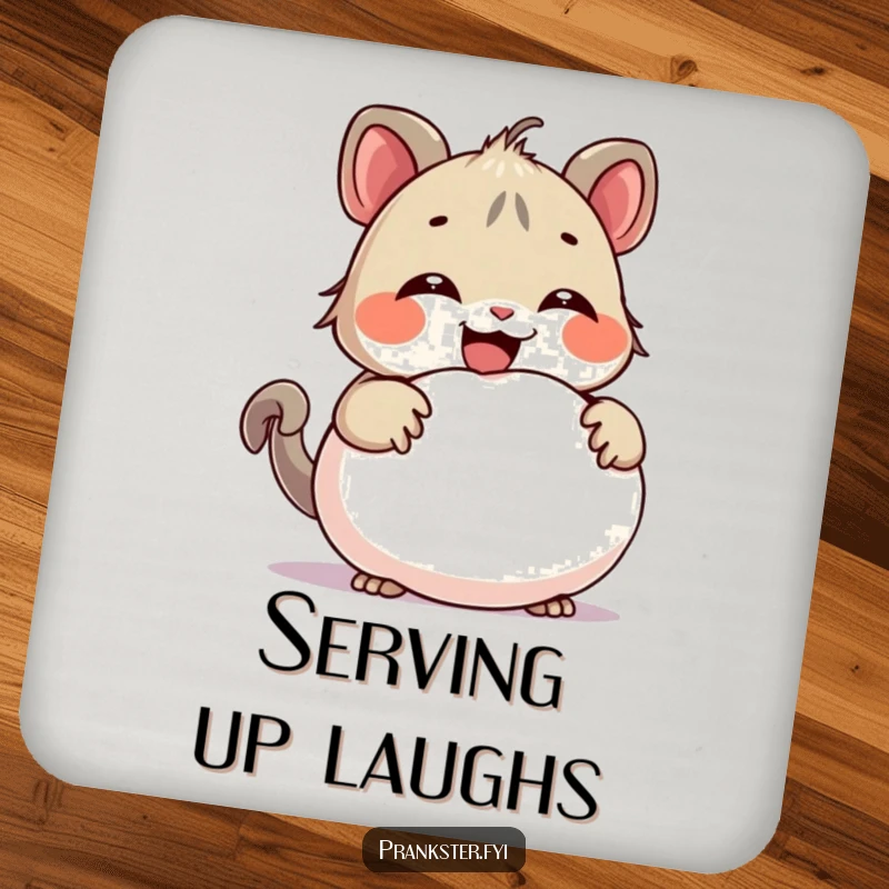 Funny drink coaster with a giggling creature hiding a whoopee cushion, protecting surfaces while adding a mischievous and humorous touch.