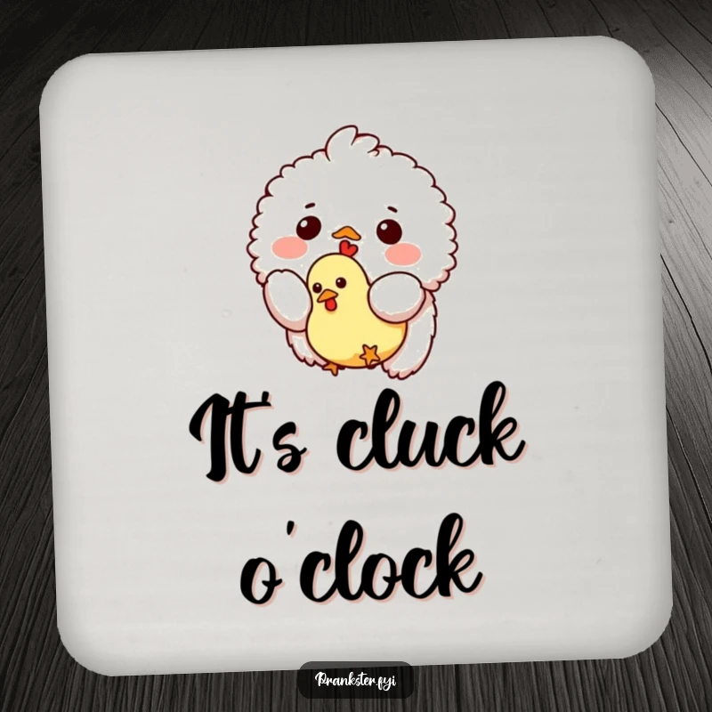 Funny drink coaster with a small fluffy creature dropping a tiny rubber chicken, protecting surfaces while adding a touch of playful absurdity.
