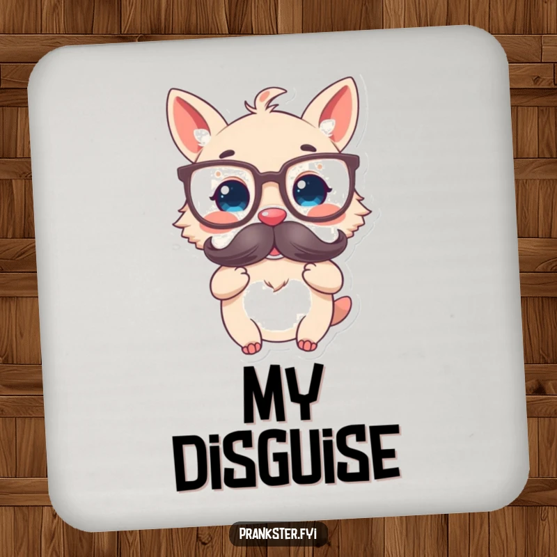 Funny drink coasters featuring a delighted animal character wearing oversized glasses and holding a fake mustache, adding smart flair.