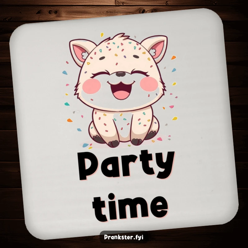 Funny drink coasters featuring a laughing animal character covered in confetti, with mischievous sparkling eyes, adding festive charm.