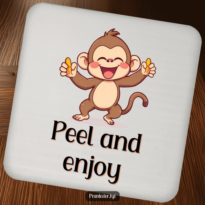 Funny Kawaii Monkey Coaster gleefully throwing a banana peel, protecting surfaces with a stylish and humorous design, ideal for bar or home use.
