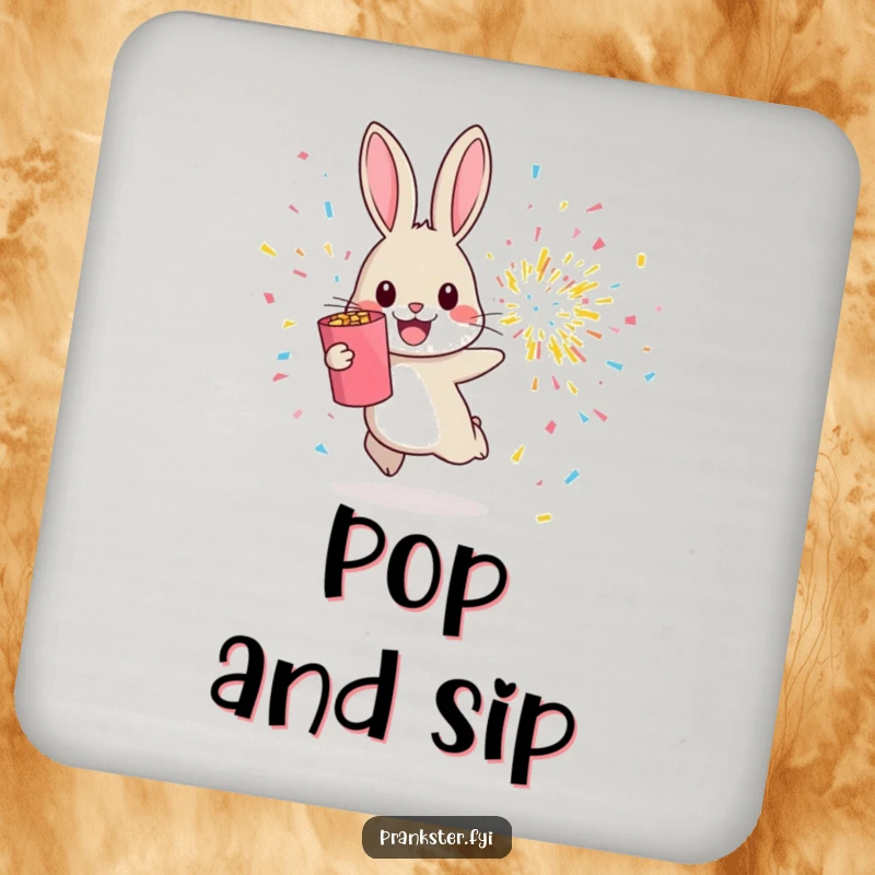 Funny drink coaster with a cheerful rabbit hopping away from an exploding confetti popper, adding festive charm.