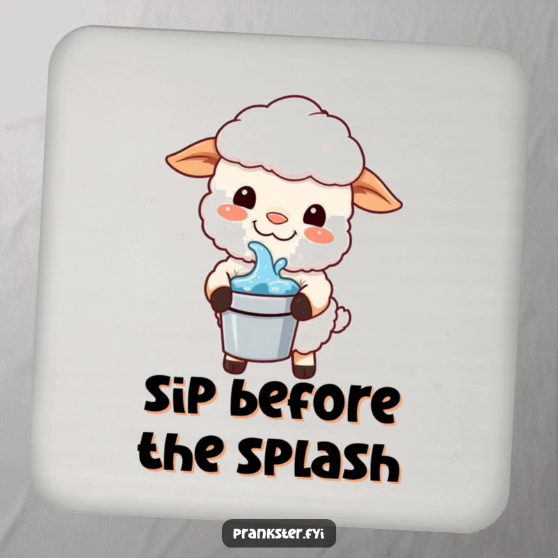 Funny Kawaii Sheep Coaster: A sheep with a mischievous grin holds a bucket of water, offering humorous protection for your surfaces.