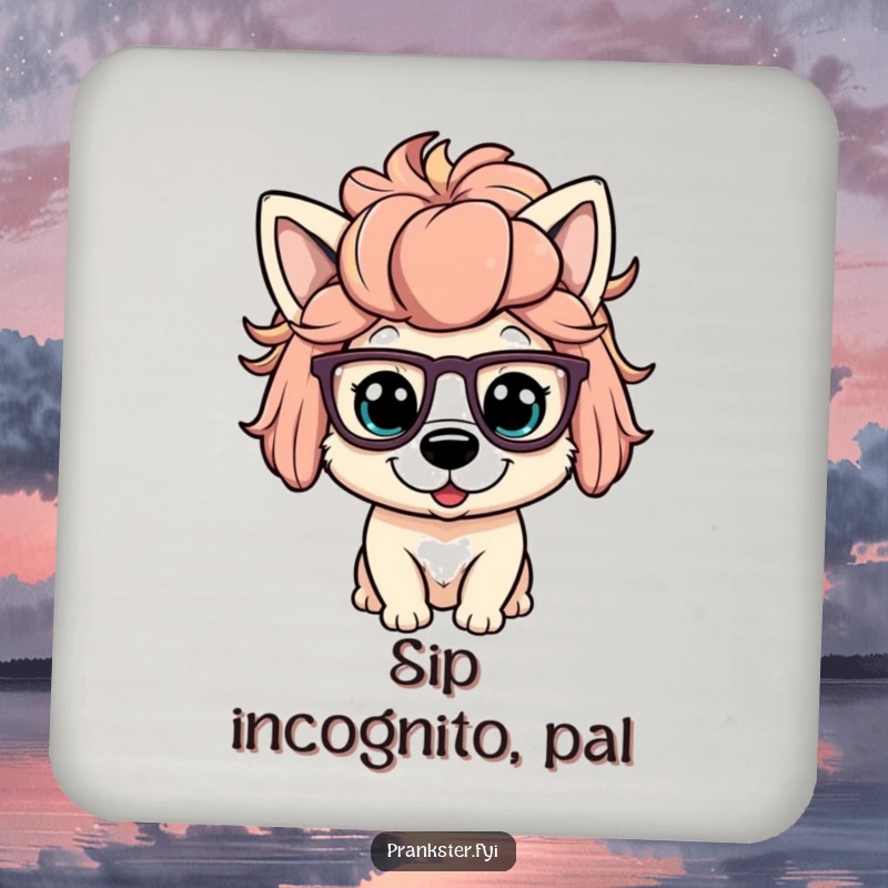 Funny drink coaster featuring a playful dog character in a silly wig and oversized glasses, offering humorous surface protection.