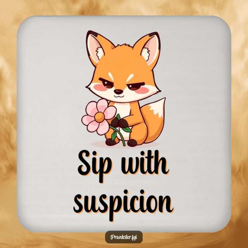 Funny drink coaster with a sly fox wiggling its eyebrows and holding a fake flower, adding playful charm.
