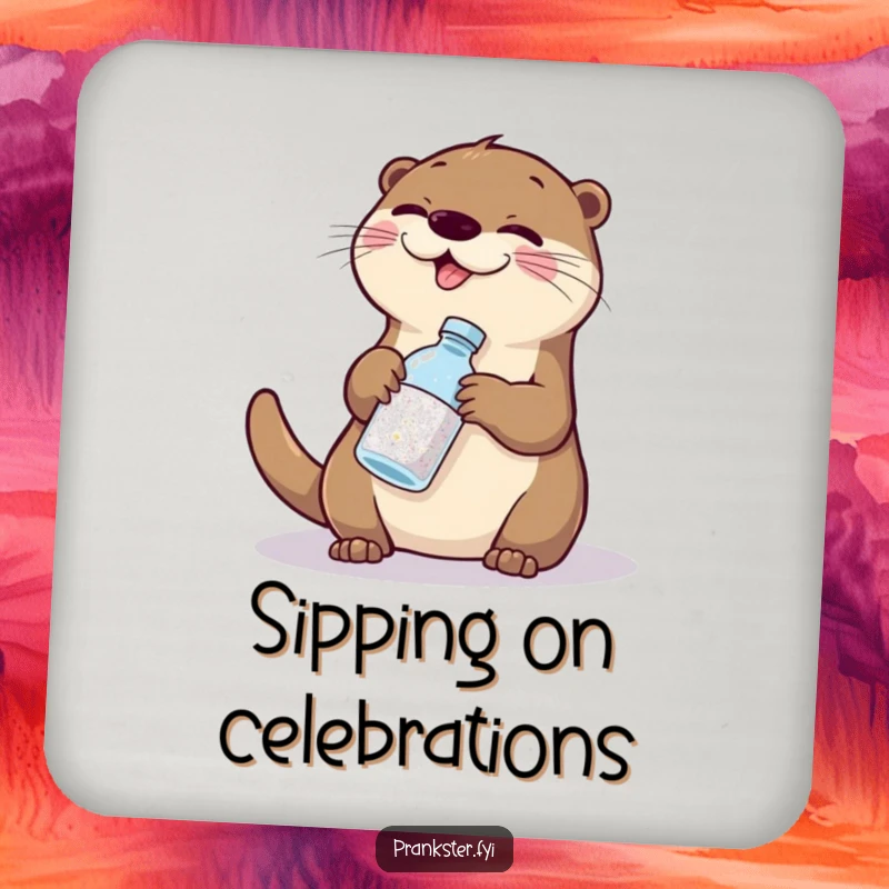 Funny otter mischief drink coaster, a giggling otter swapping glitter for water, for humorous surface protection.