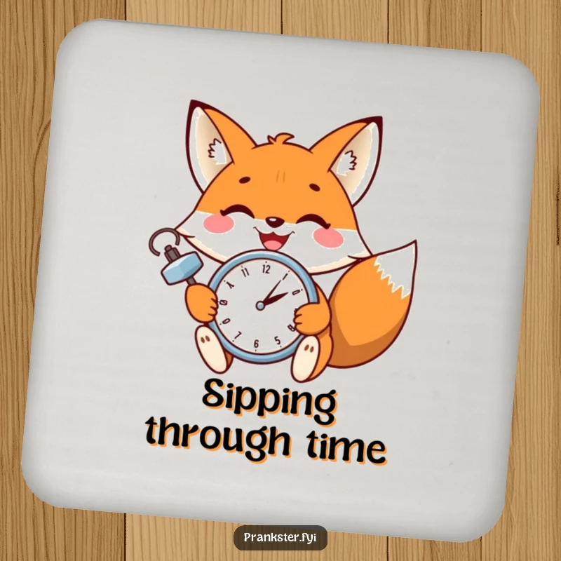 Funny drink coaster set with a cheerful fox winking while setting a small clock, adding humor to beverage service.