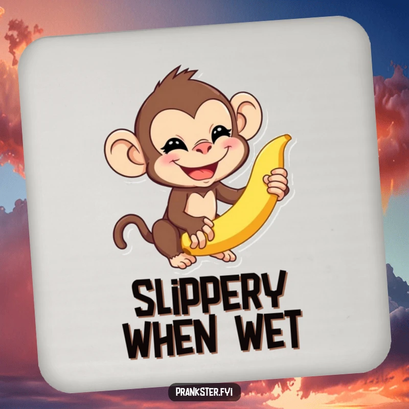 Funny monkey drink coaster featuring a mischievous monkey about to flick a banana peel, adding playful humor to beverage protection.