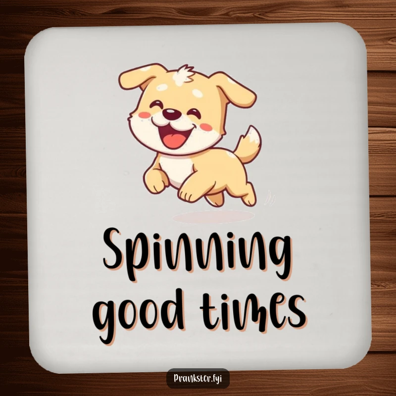 Funny drink coaster with a cartoon dog looking dizzy chasing its tail, protecting surfaces with humor.