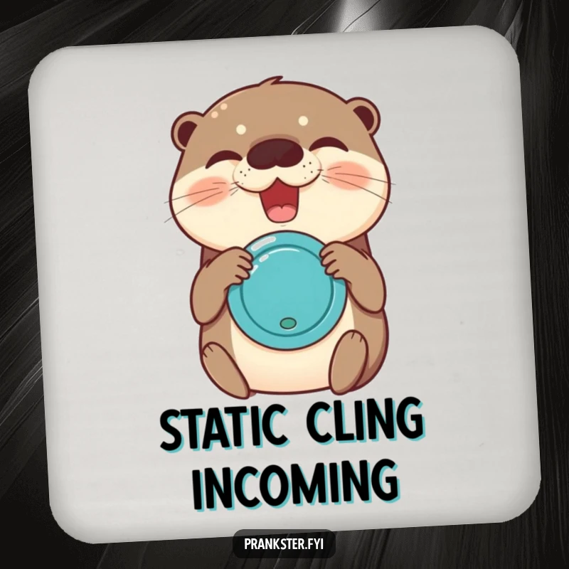 Funny coaster featuring a giggling otter activating a joy buzzer, adding a spark of surprise and humor to any drink.