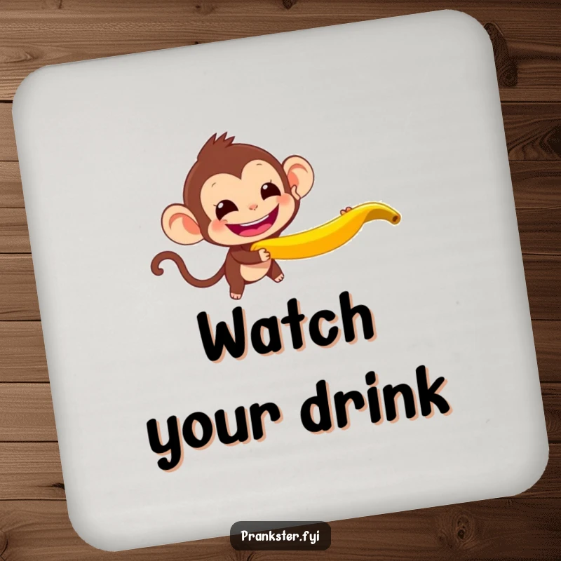 Funny Monkey Coaster showing a mischievous monkey throwing a banana peel, protecting surfaces with humor, a small funny item.