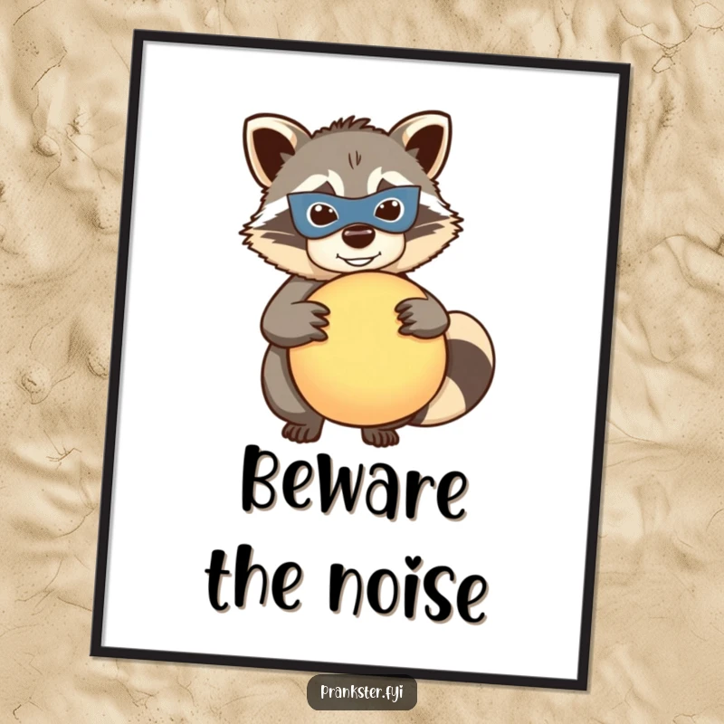 Funny raccoon whoopee poster, mischievous masked raccoon holding a whoopee cushion, humorous wall art, perfect printable gift.