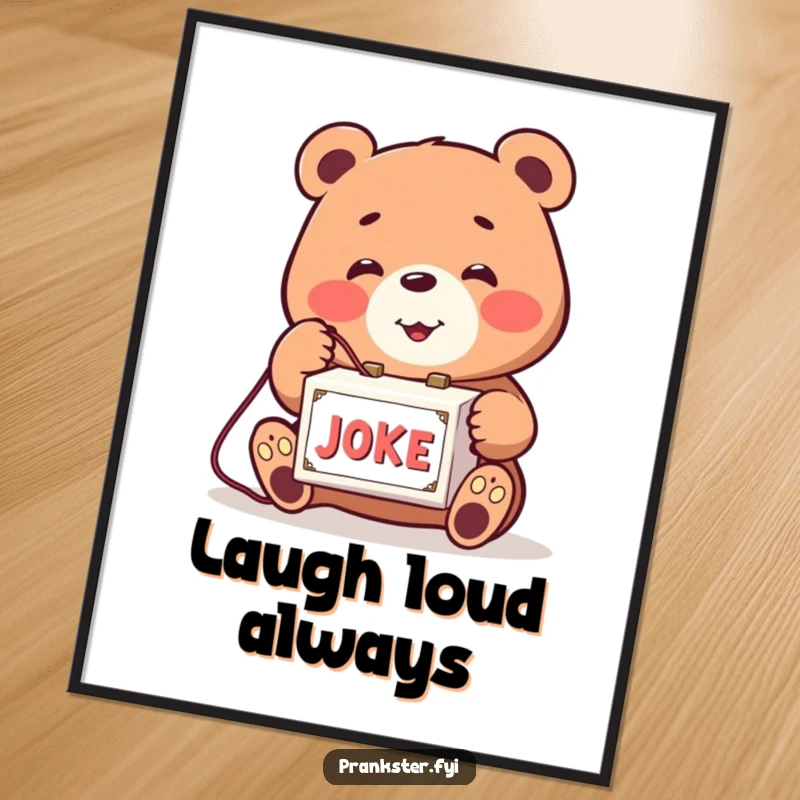 Funny poster featuring a smiling bear playfully activating a joke box with a string. Humorous and fun wall art.