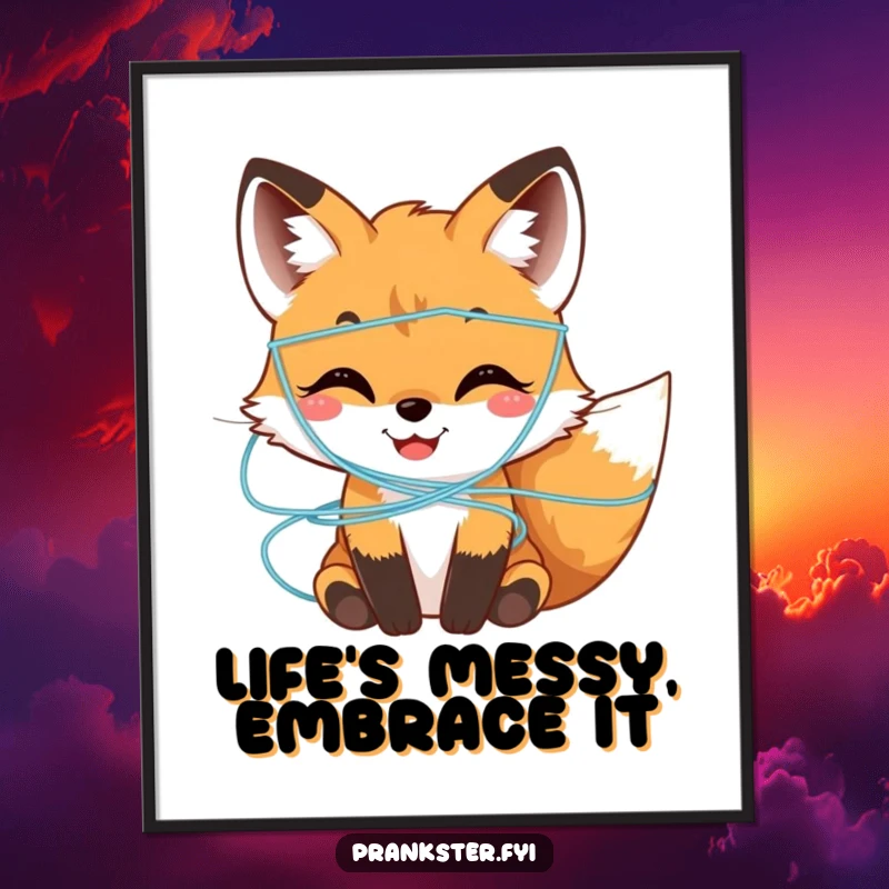 Funny Poster of a smiling fox cub joyfully covered in strands of colorful and harmless silly string.