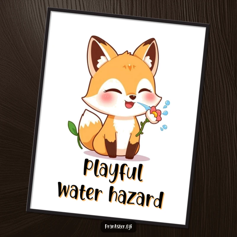 Funny fox poster featuring a giggling character winking and squirting water from a flower, adding playful decor.