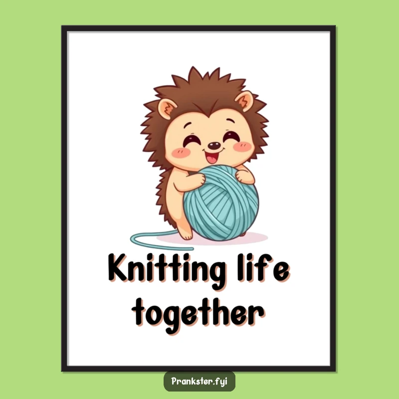 Funny Happy Hedgehog Yarn Ball Poster: Adorable Wall Art for Cozy Spaces