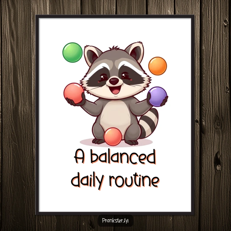 Funny Poster showcasing a jolly raccoon skillfully juggling three brightly colored balls, a scene of pure amusement.