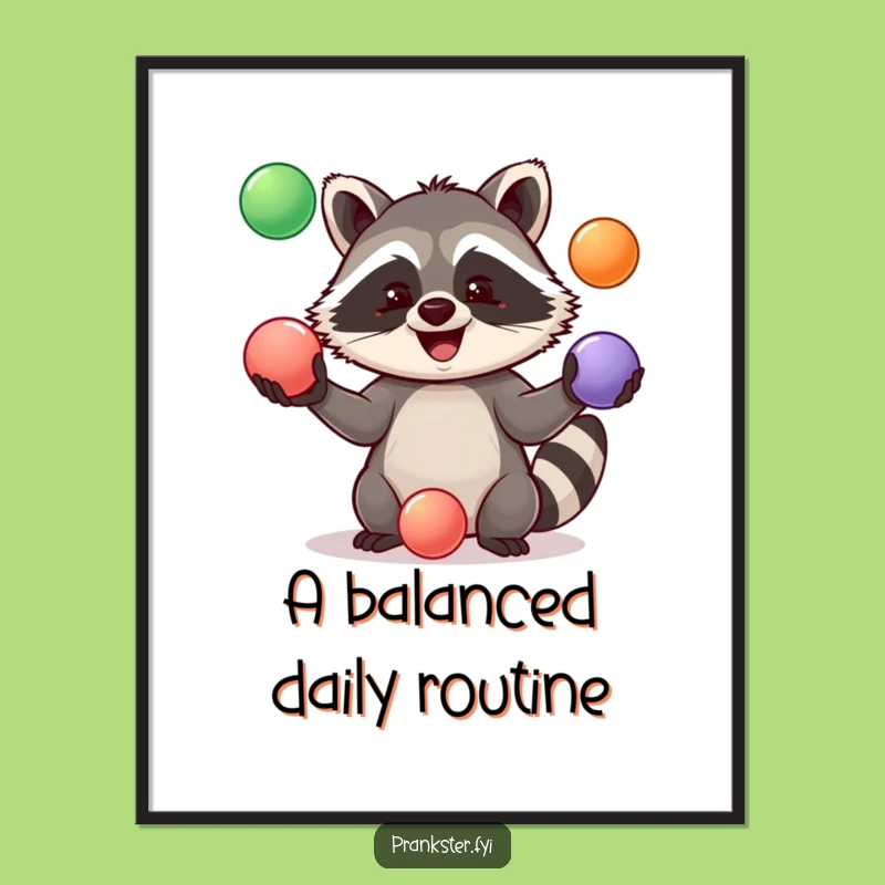 Funny Jolly Raccoon Juggling Poster - Hilarious Wall Art for a Cheerful Gift