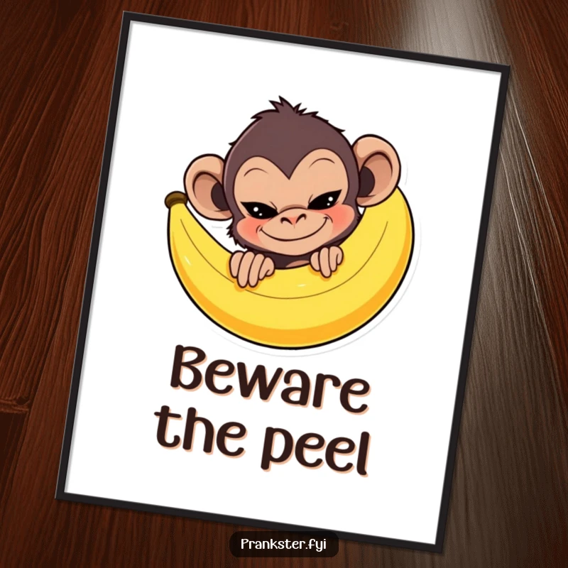 Mischievous monkey peeking from behind a giant banana peel with a sly grin, displayed as a funny poster.