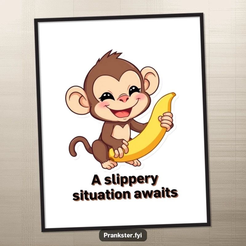 Funny monkey poster featuring a mischievous monkey about to flick a banana peel, symbolizing playful chaos and a cheeky sense of humor.