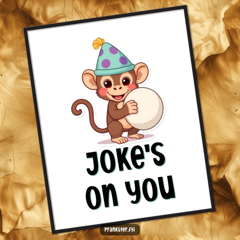 Funny monkey wearing a silly hat, hiding a whoopee cushion behind its back, presented as humorous wall art poster.