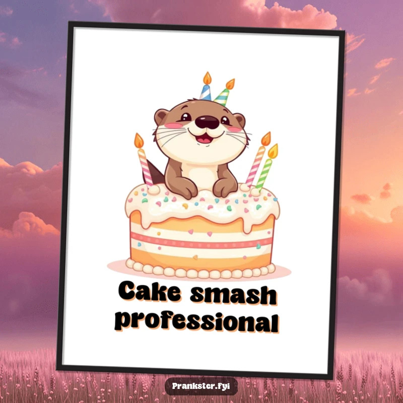 Funny poster of a giggling otter joyfully emerging from a large, decorated birthday cake, symbolizing fun and celebration.