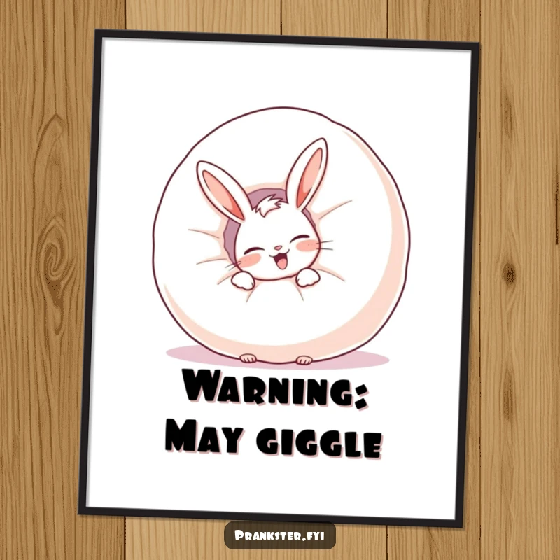 Funny poster art of a giggling rabbit hiding behind a large whoopee cushion, a humorous and vibrant wall decoration.