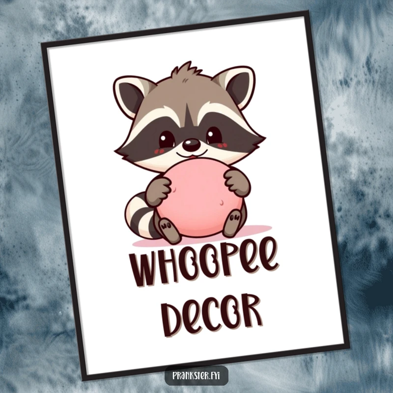 Funny poster print of a proud raccoon holding a whoopee cushion, radiating mischief and a readiness for hilarious pranks.