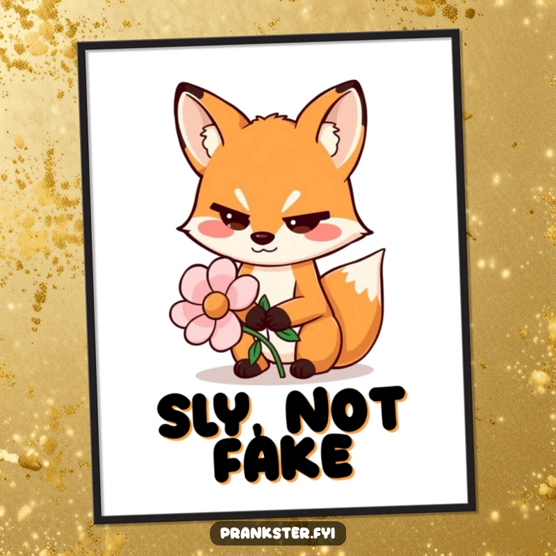 Funny poster artwork of a sly fox wiggling its eyebrows while holding a fake flower, suggesting clever charm.