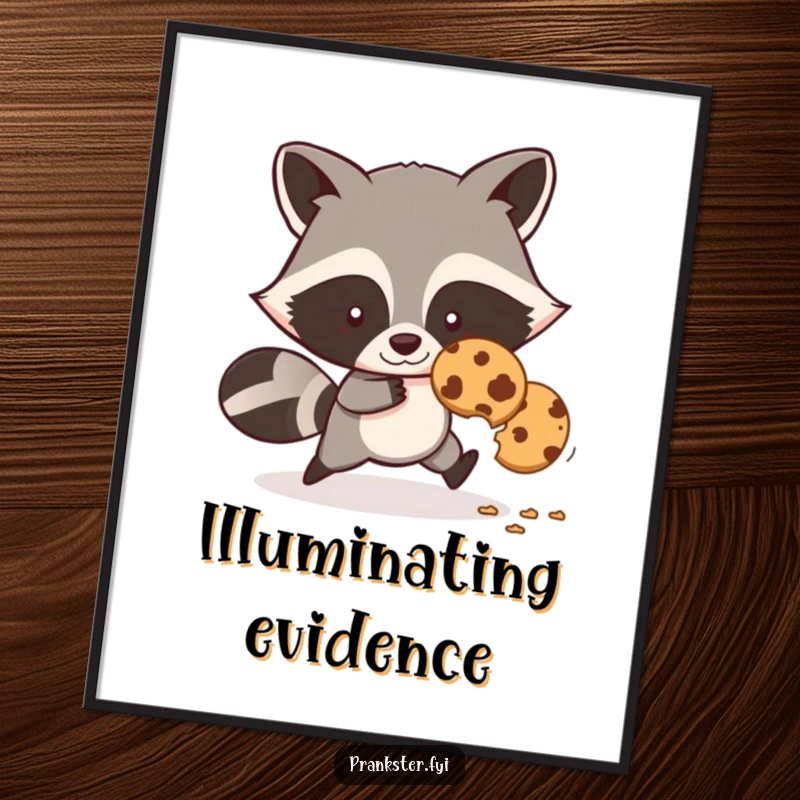 Funny poster print of a sly cartoon raccoon sneaking away with a stolen cookie, leaving a crumb trail.