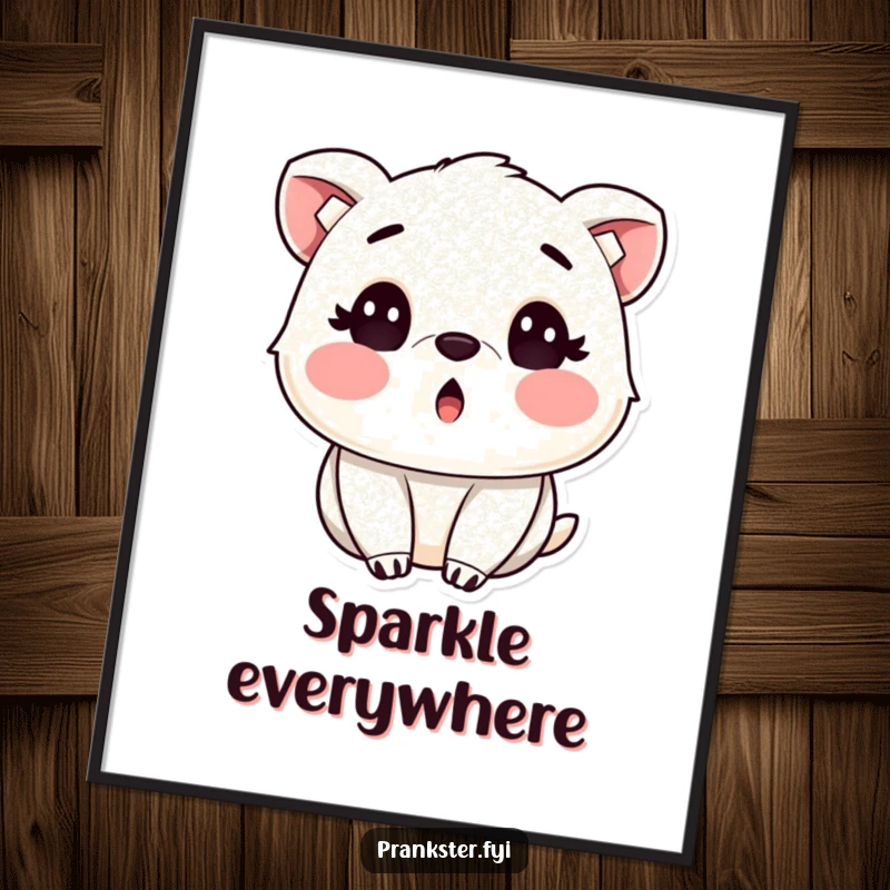 Funny poster art of a surprised animal with rosy cheeks, shimmering with harmless glitter, creating a cheerful and dazzling effect.