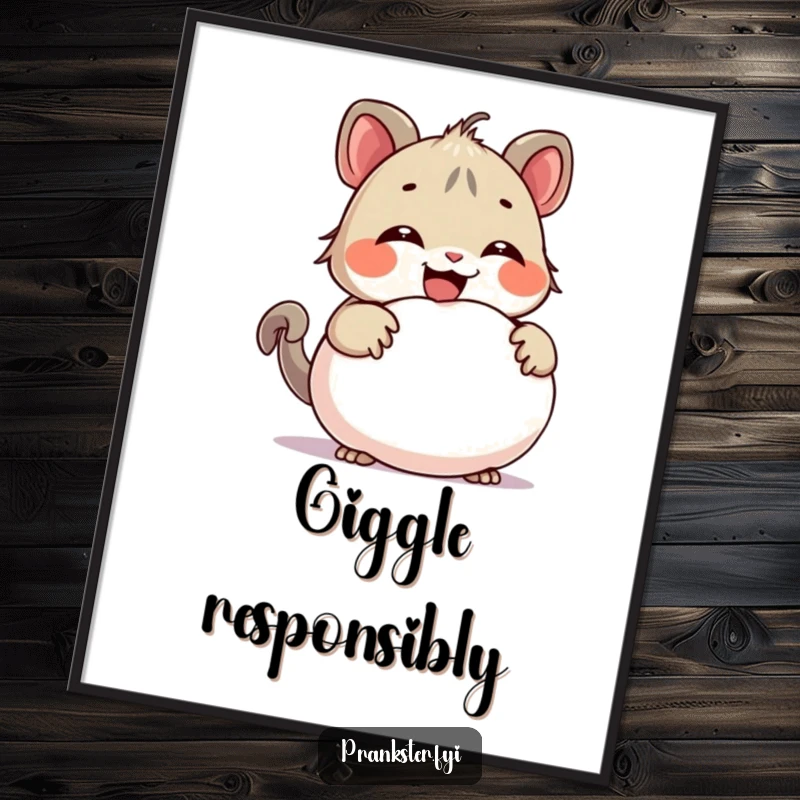 Funny poster print of a giggling creature hiding a whoopee cushion behind its back, adding a mischievous and humorous touch to any room's decor.