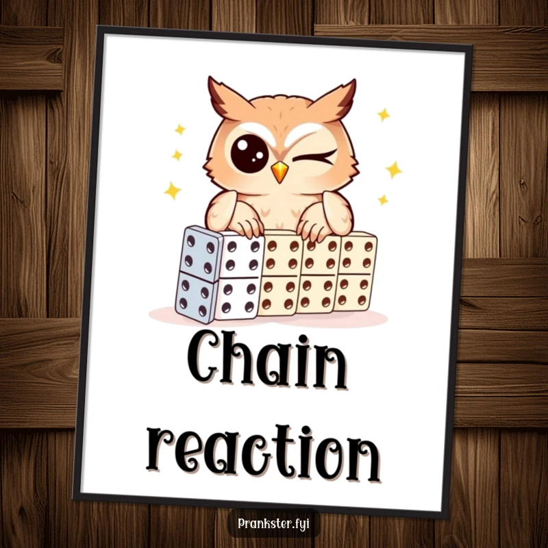 Funny owl poster, winking owl setting up a domino chain, whimsical wall art for a humorous touch.