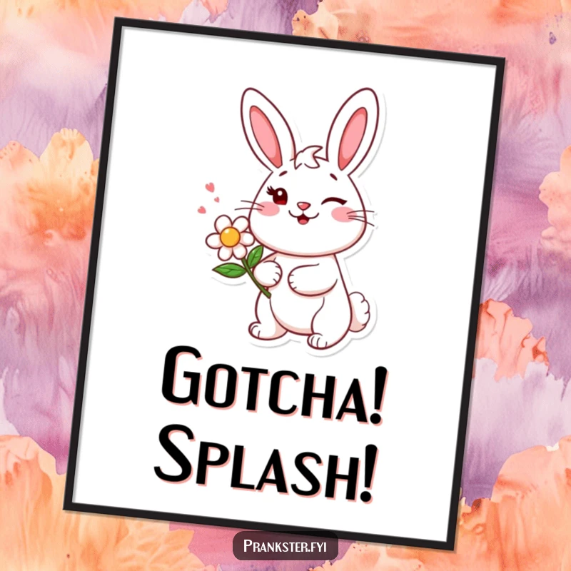 Funny poster art of a cheerful bunny character winking mischievously, holding a squirting flower, perfect for humorous wall decor.