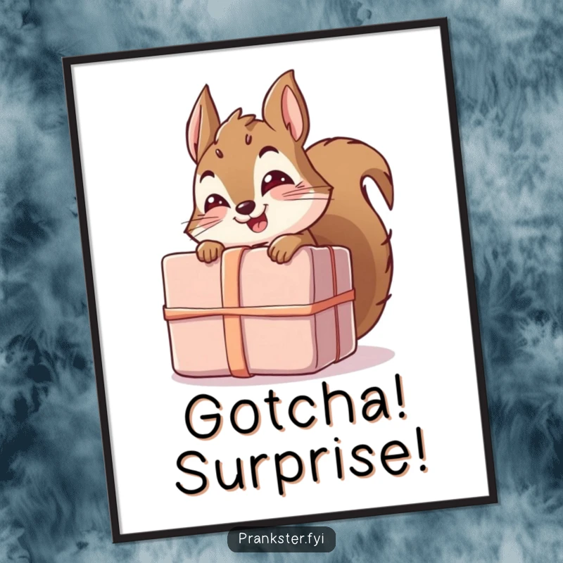 Funny poster art of a giggling squirrel character peeking playfully from behind a large, unwrapped gift, ideal for humorous wall decor.