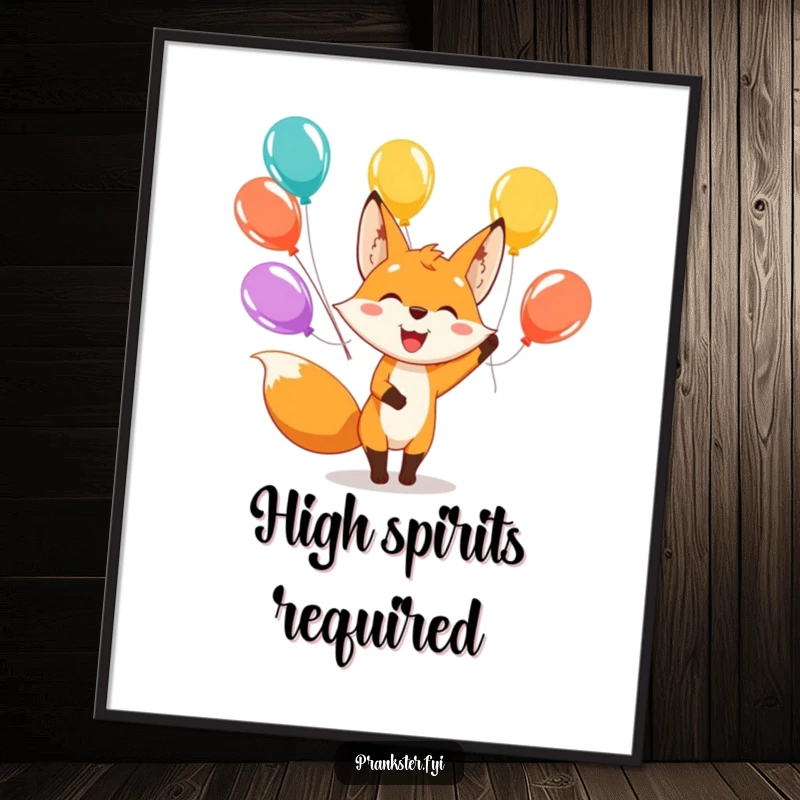 Funny poster art of a happy fox character juggling brightly colored balloons with a wide, joyful smile, perfect for decor.
