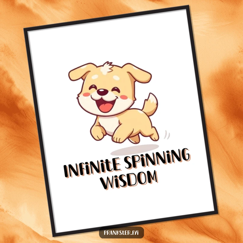 Funny poster print of a cartoon dog looking comically dizzy while chasing its tail, vibrant colors.