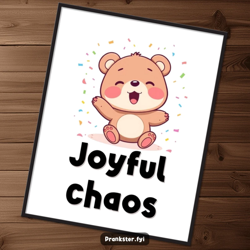 Funny poster of a delighted bear character joyfully playing with colorful confetti, perfect for adding vibrant celebratory art.