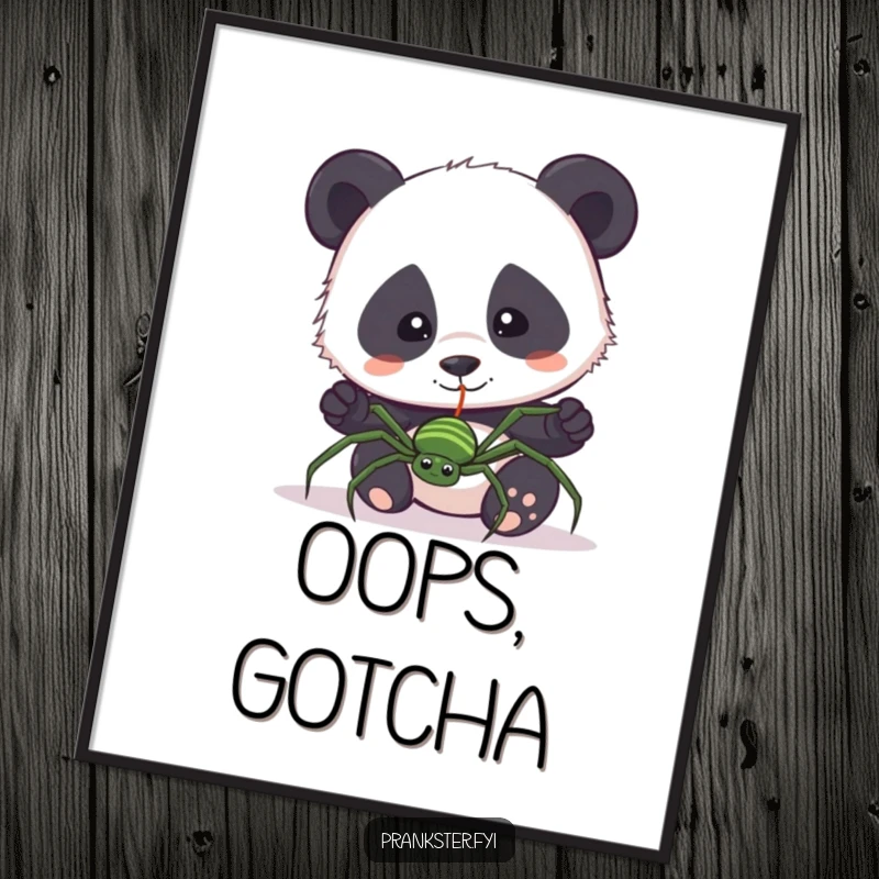 Funny poster featuring a curious panda accidentally pulling a fake spider on a string. Humorous and fun wall art.