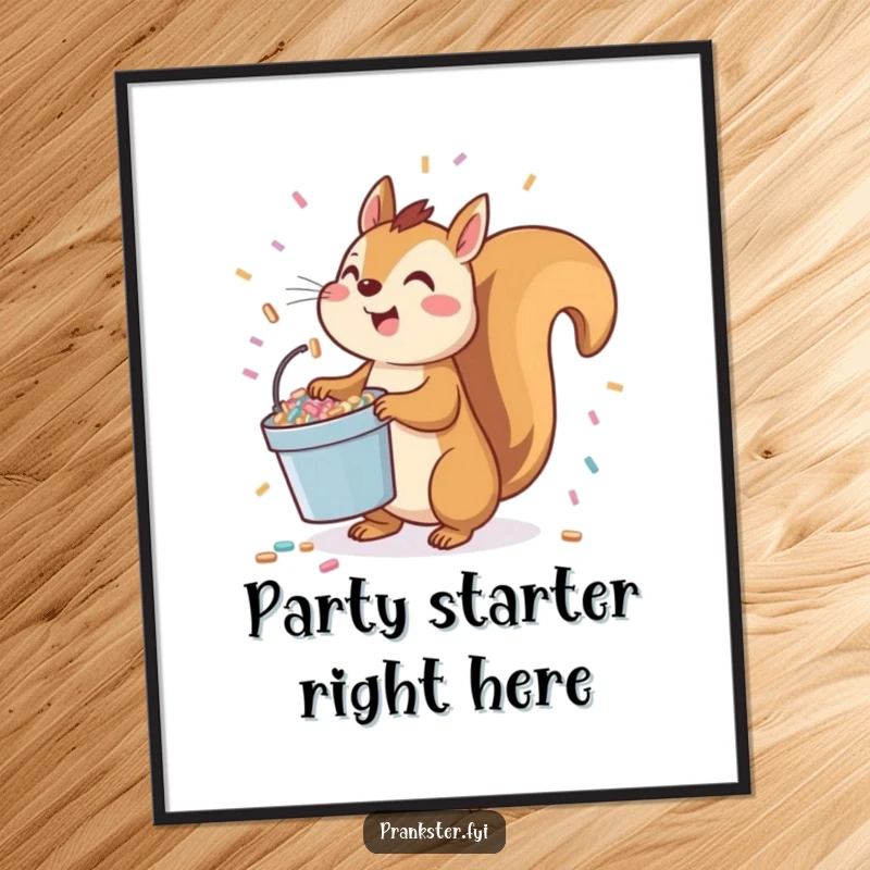 Funny squirrel poster featuring a playful character holding a bucket of confetti, ready to toss it upwards.