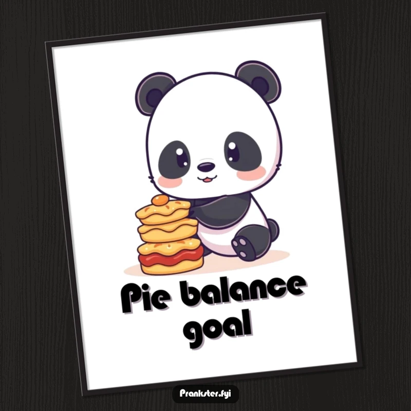 Funny poster print of a playful panda trying to keep a stack of pies from toppling, capturing a moment of sweet, comical effort.