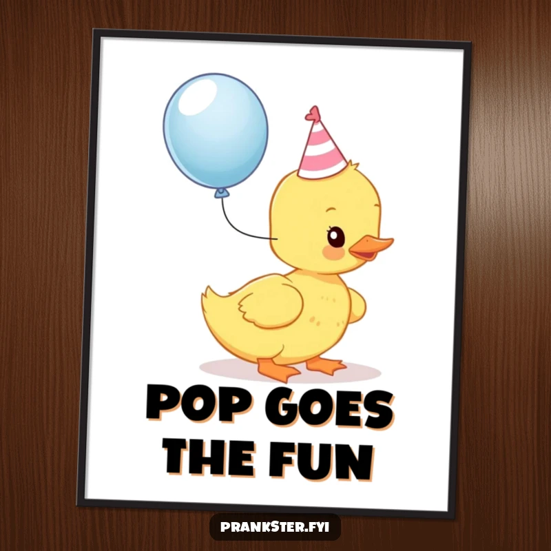 Funny Kawaii Duckling Poster: A duckling in a party hat is about to pop a balloon, full of anticipation and festive fun.