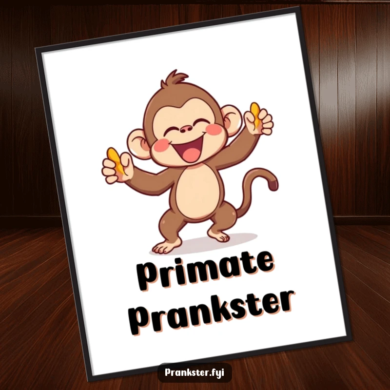 Funny Kawaii Monkey Poster gleefully throwing a banana peel, vibrant wall art that adds a touch of mischievous humor and cuteness to any space.
