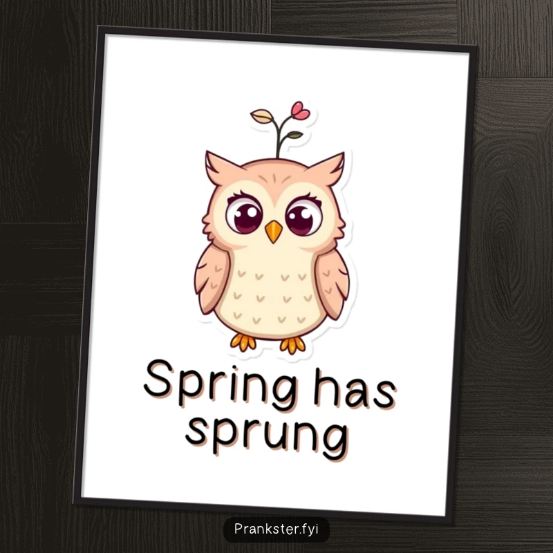 Funny poster print of an owl with eyes wide open in surprise as a spring pops from its hat, conveying comedic astonishment.