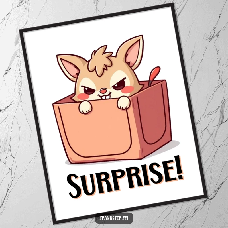 Funny poster showing a mischievous animal character peeking from a jack-in-the-box with a wicked grin, adding humor to decor.