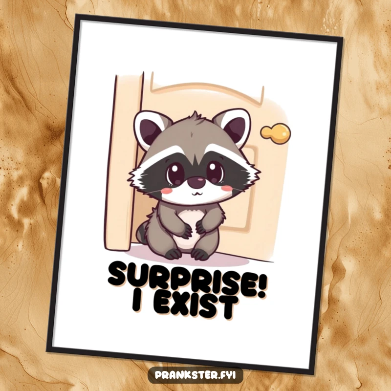 Funny Kawaii Raccoon Poster hiding behind a door with a playfully surprised expression, whimsical wall art that adds a humorous and cute touch to any space.