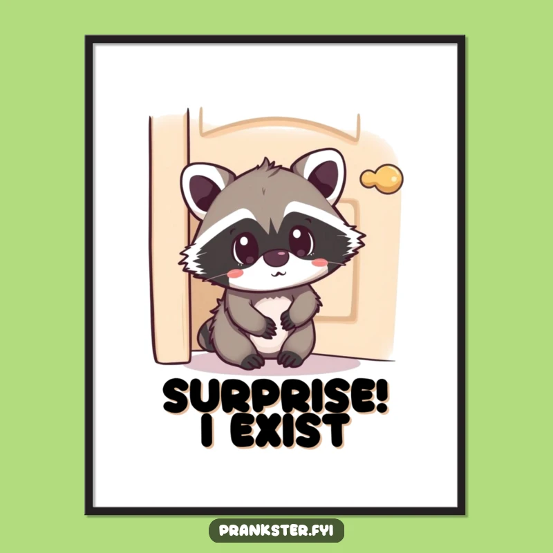 Funny Kawaii Raccoon Poster Hiding Surprise - Whimsical Wall Art