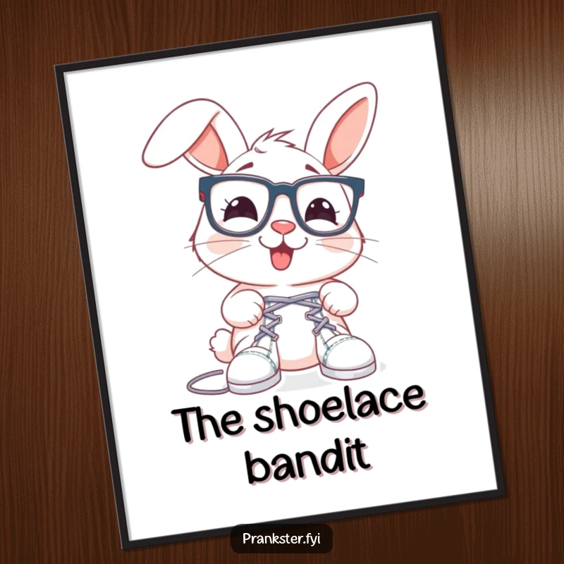 Funny rabbit poster with oversized spectacles, about to tie shoelaces together, adding whimsical humor.